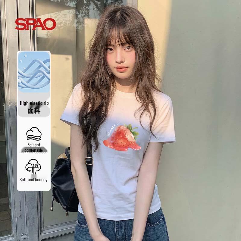 SPAO Women s Slim Fit Short Sleeve T-shirt with Melted Strawberry Print M