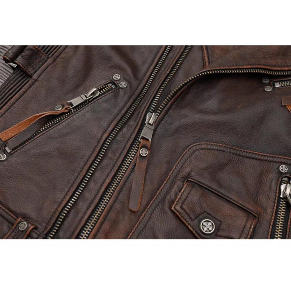 Chinese Size Heavy Motorcycle Jacket Natural Cowhide Leather Top Layer Brown Causal Vintage Retro Moto Suit Leather Coat Winter