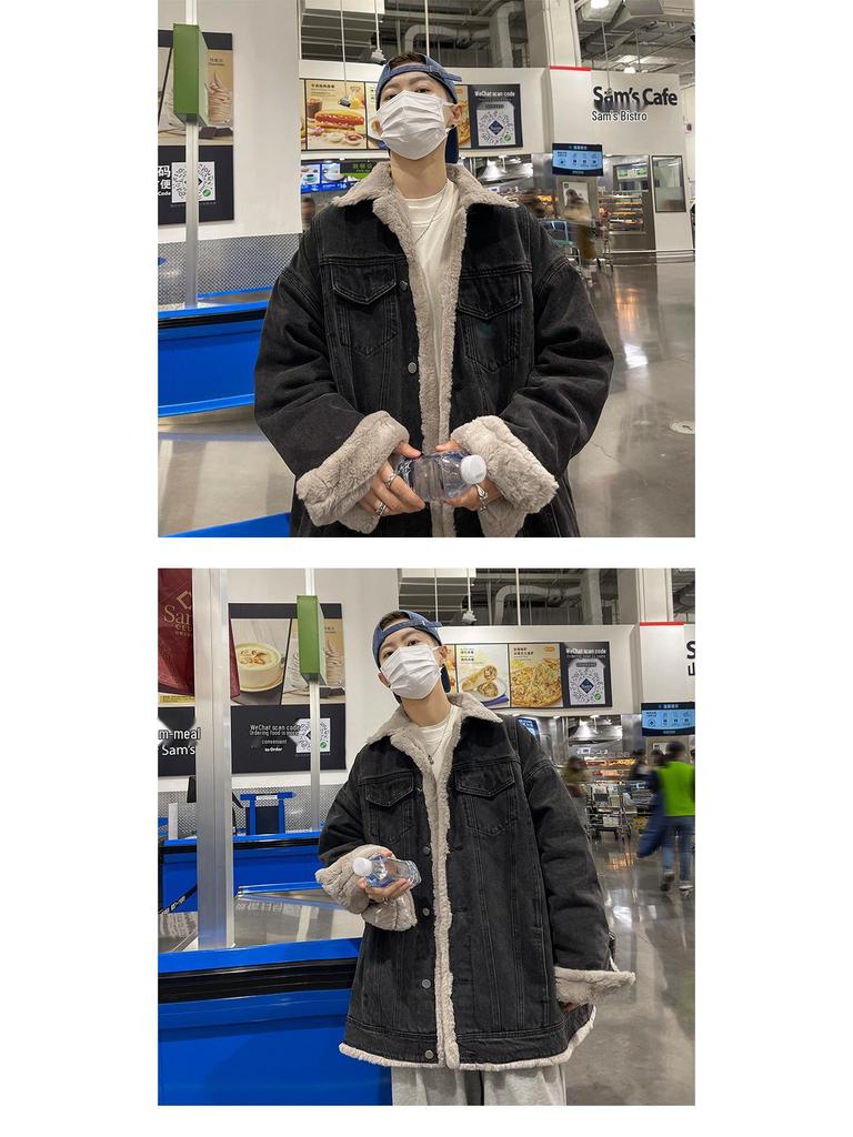 Men's Winter Denim Cotton Jacket with Velvet, American Style, High Street Look, Thick and Loose Fit