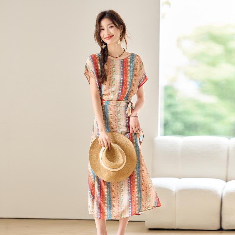 

Летнее новое платье с легким зрелым темпераментом, тонкое, с принтом, элегантное, модное, до колена, отпускное, с коротким рукавом, юбка, женское 2XL