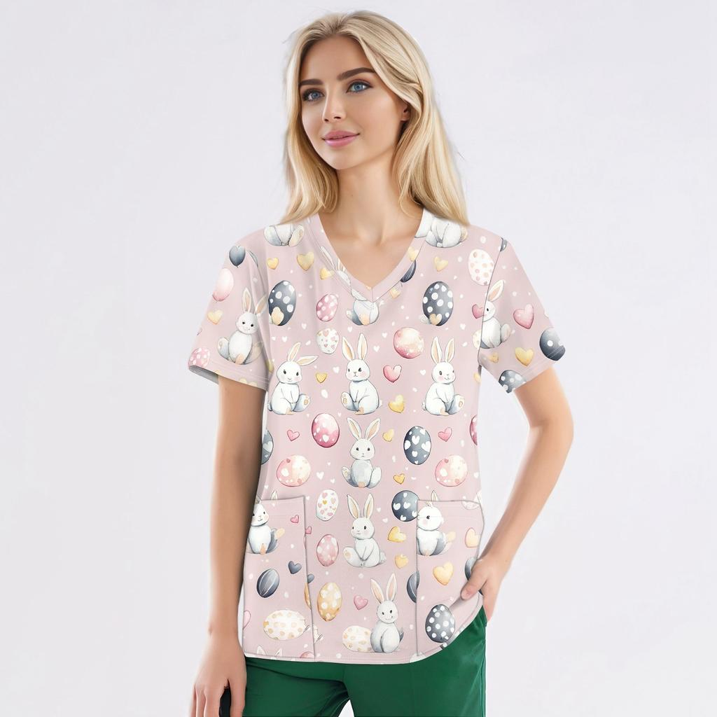 Naiste moodsad V-kaelusega lühikeste varrukatega töörõivad, taskutega, trükitud topid