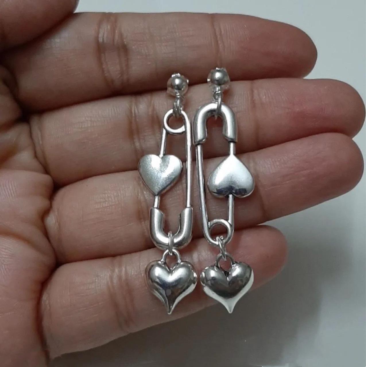 

Vintage Heart Safety Pin Drop Earrings, Punk Pendant Statement Jewelry