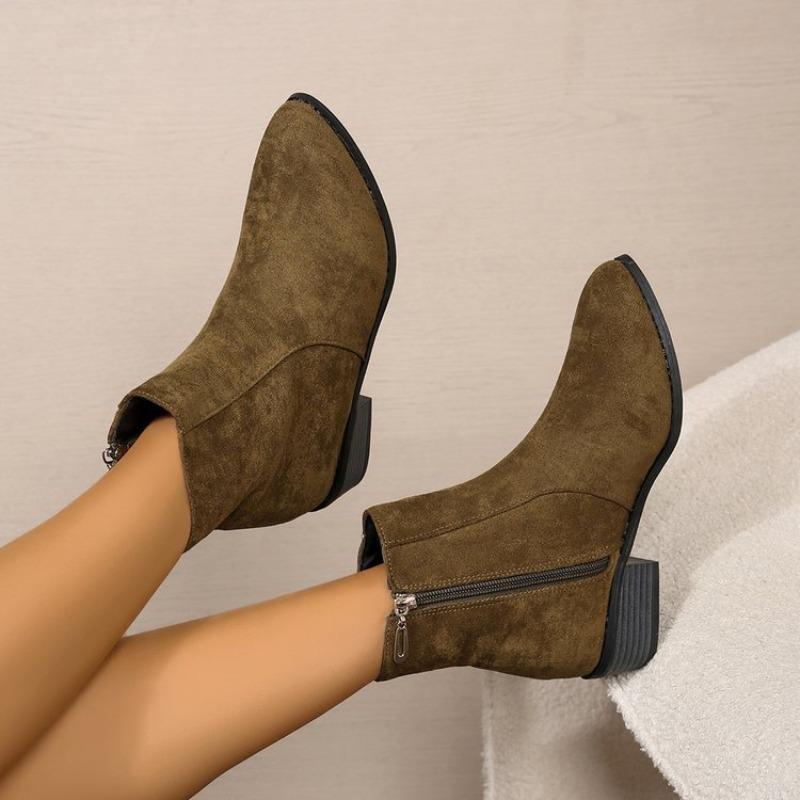 Pointed Large Size Thick Heel Martin Boots Autumn and Winter New Suede Side Zipper Low Heel Short Boots
