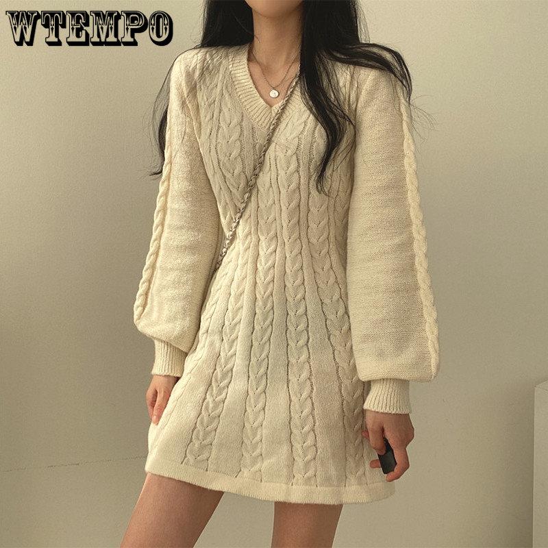 Spring and Autumn Women's V-neck Sweater Dress Knitted Waist Fashionable Lantern Long Sleeve A-line Dress