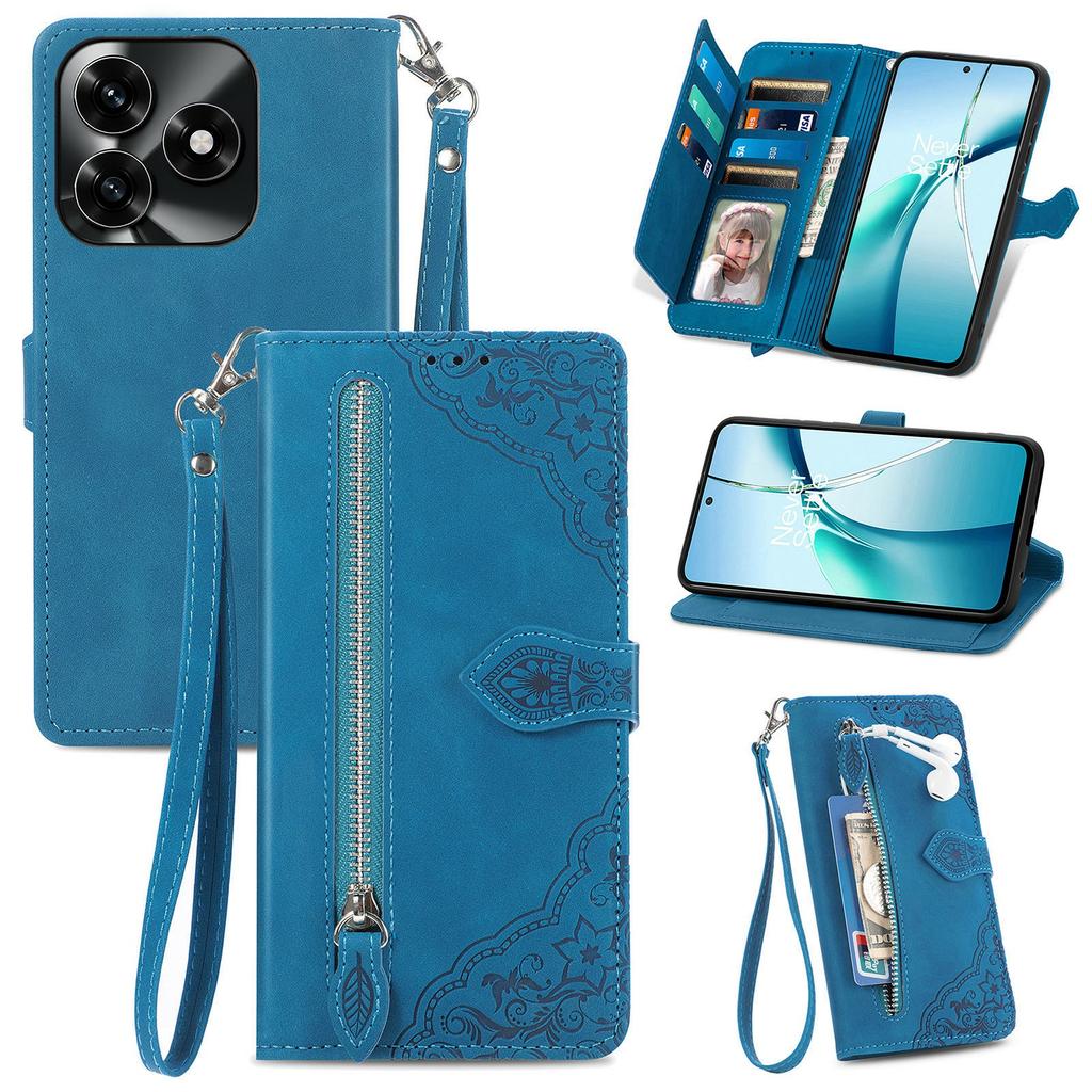 For Honor X5c Plus 4G Zipper Wallet Case with Strap Flower Imprint PU Leather Phone Cover