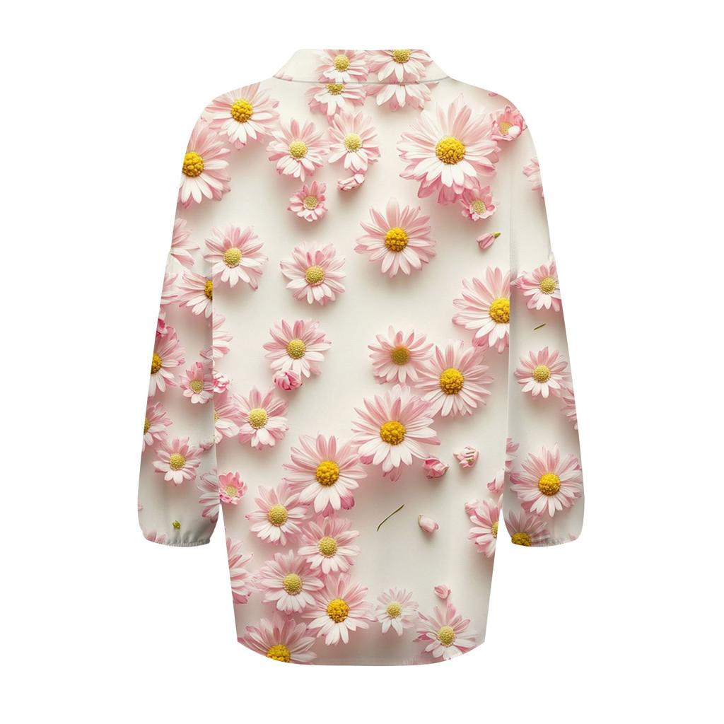 Women's Shirt Button Casual Print Fashion Round Neck Drop Shoulder Seven Sleeve Shirt Top