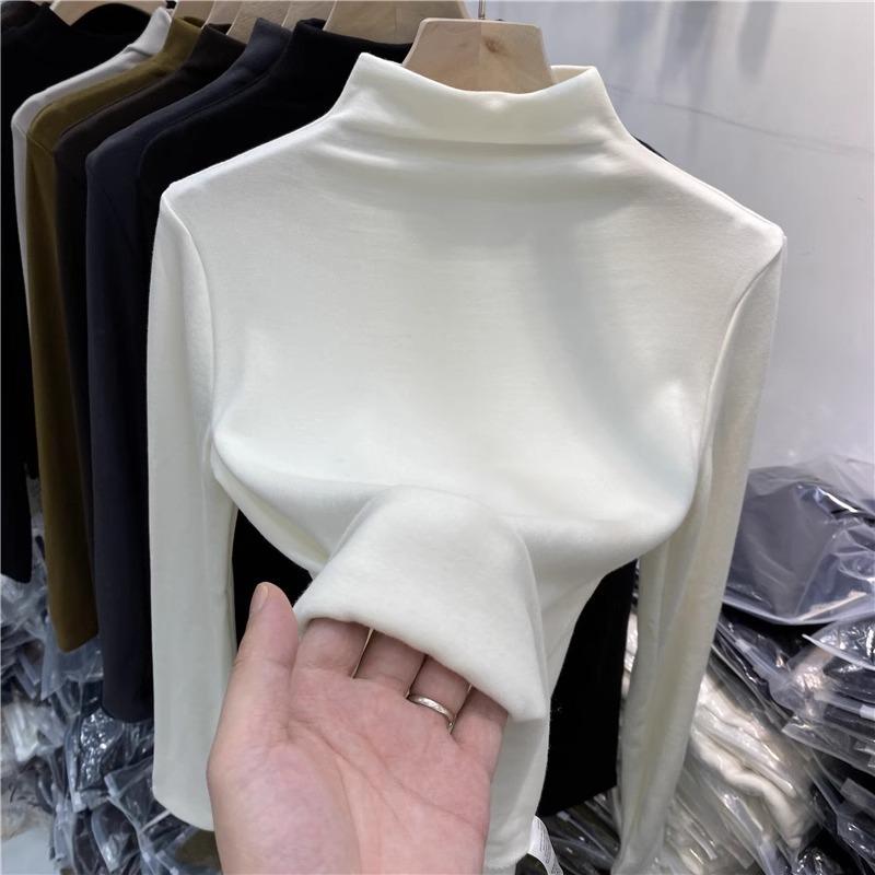 Half turtleneck bottoming shirt for women in autumn and winter with tight mid-collar white t-shirt plus velvet