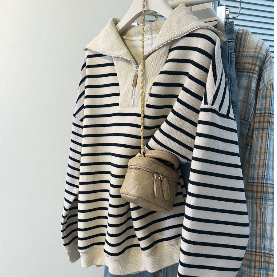 BF Striped Polo Collar Fleece Sweatshirt - Women's Autumn Winter Korean Style Casual Half Zip Top