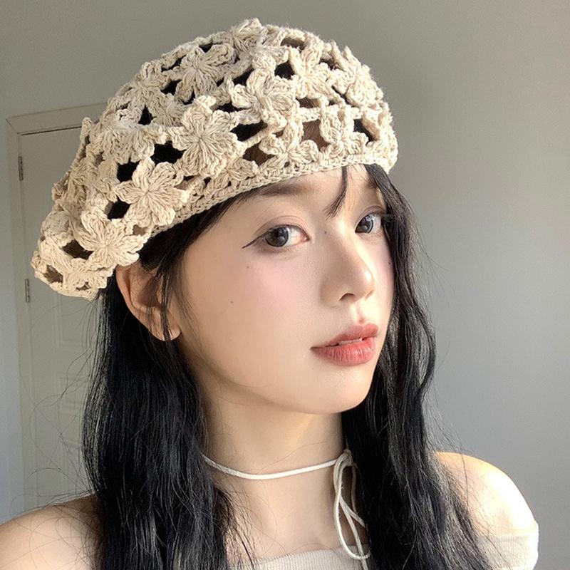Summer Women'S Solid Color Flower Hollow Beret French Vintage Painter Hat