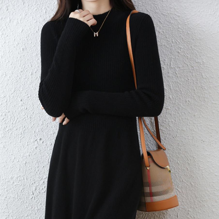 

Платье-свитер для женщин средней длины однотонное осенне-зимнее с приталенным силуэтом вязаное платье базовый слой с полувысоким воротником вязаный свитер пуловер M