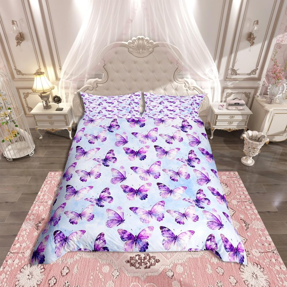 Homewish Blue Pink Butterfly Duvet Cover Set,Romantic Dreamy Animal Bedding Set,Teens Girls Kids Female Reversible Bed Set