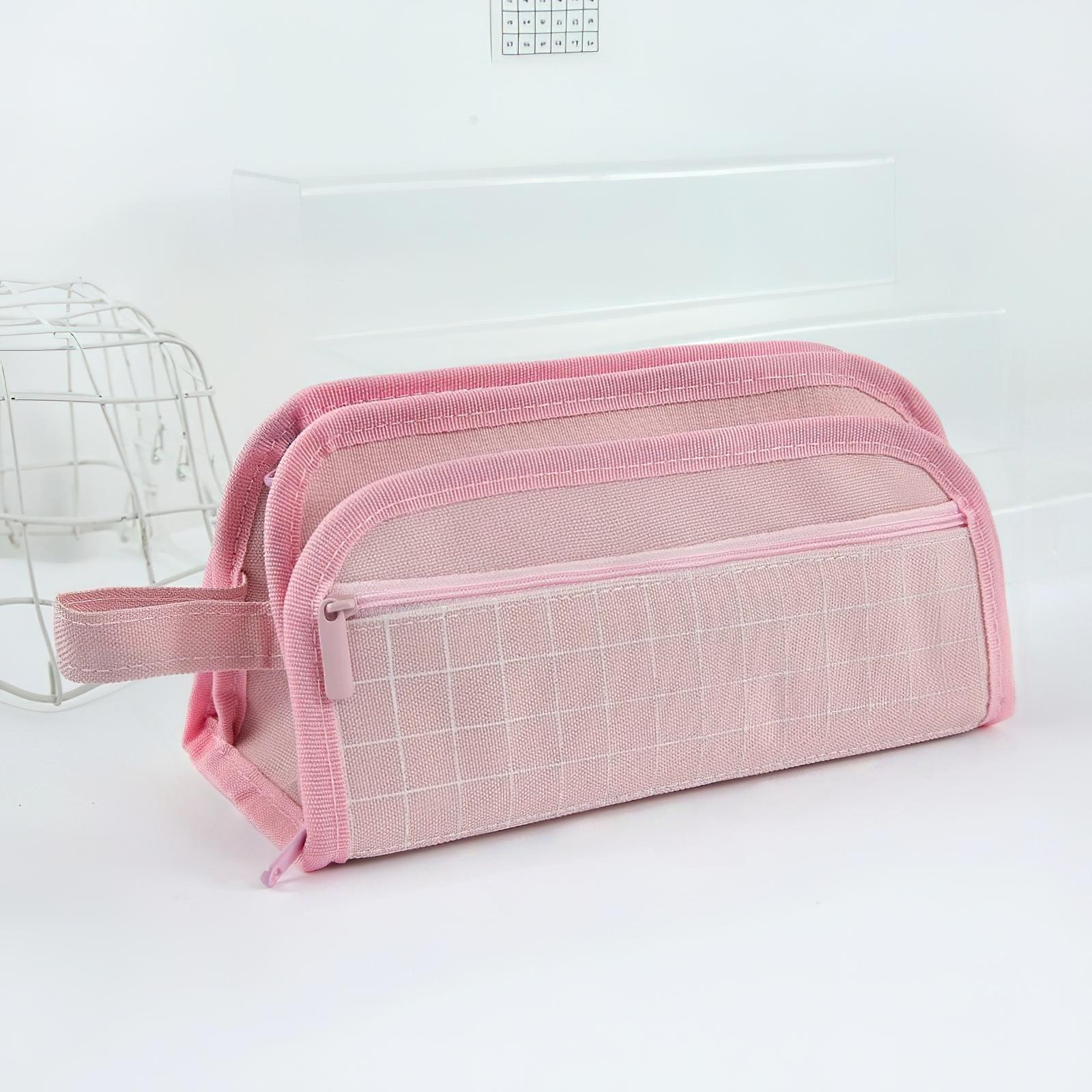 

Simple Checkert Style Pencil Case Large Capacity Pen Bag Pure 3 Comparterment Storage Pouch for Stationary School A7892 рожевий