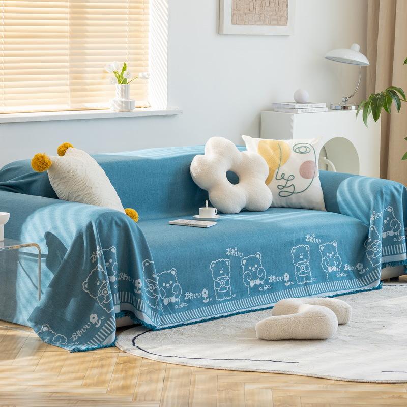 Cotton Linen Sofa Towel Cover Cartoon Bear Rabbit Couch Towel Universal for Seasons Non-slip Couch Dust Proof Decorative Blanket