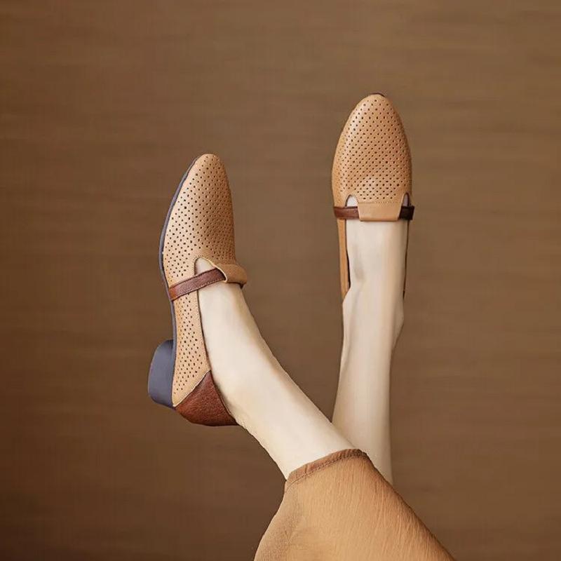 women cute pointed toe hollow out breathable spring slip on square heel shoes for office lady casual work pumps ab557
