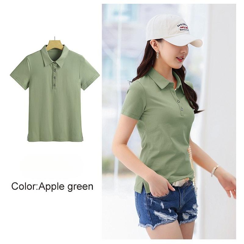 Summer Solid Color Notch Lapel Korean Style Fitted Women's Short Sleeve T-Shirt Simple and Fashionable Top