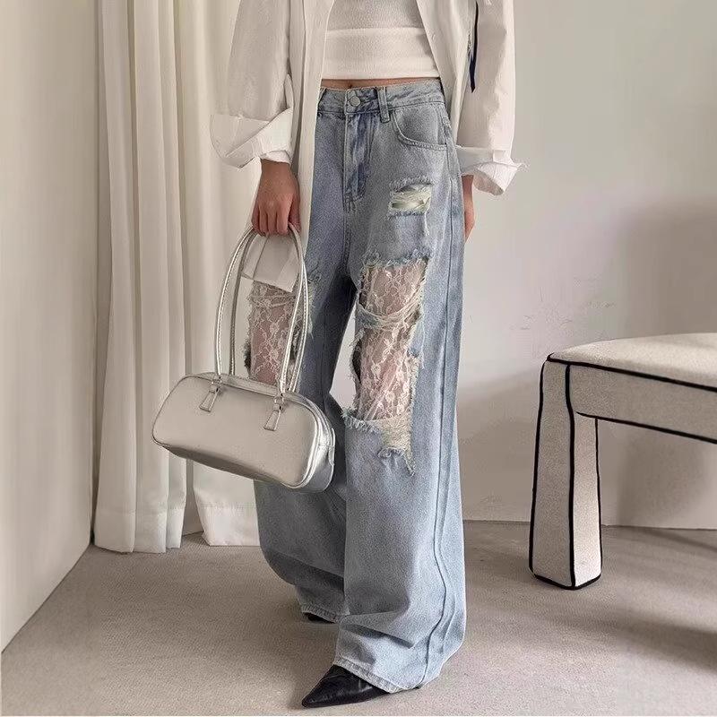 Women's Retro Patchwork Ripped Jeans - Spring/Summer 2025 Wide-Leg Style