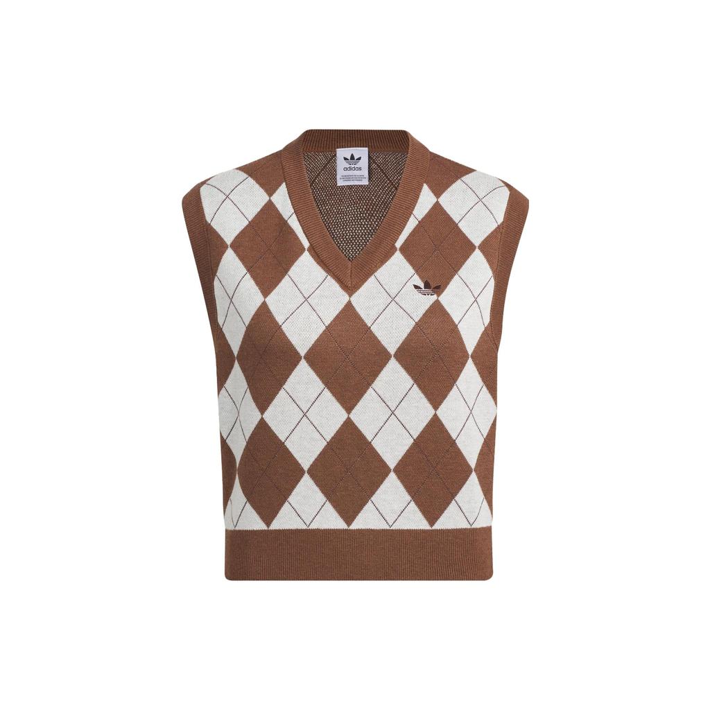 Adidas Originals Plaid Print V-Neck Pullover Sports Vest Women Tops Brown White IX7815
