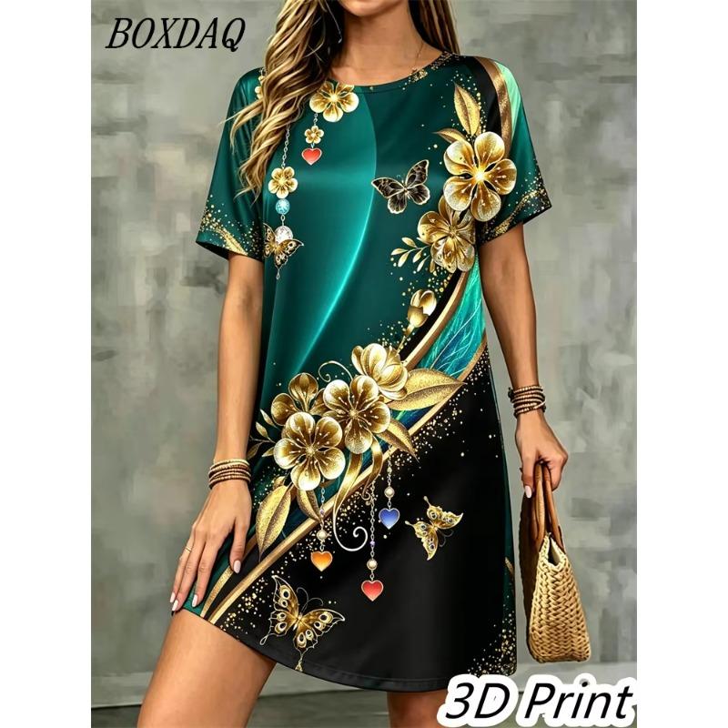 Sommer Damen 3D-Druck Kurzarmkleid Weihnachtsoutfit