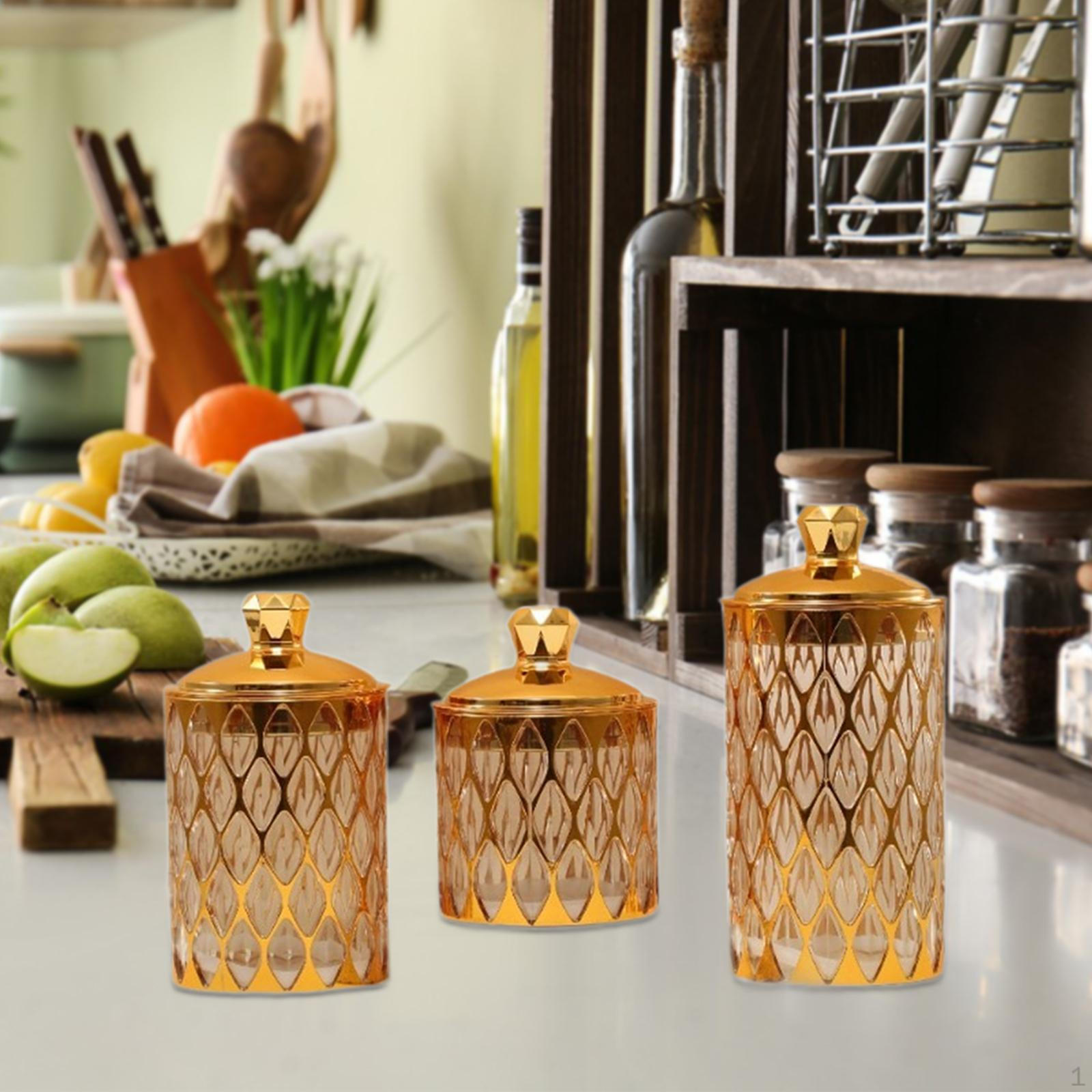 

3 Pieces Food rage Jars with Lid Candy Jar Household Airtight Tea for Nuts Pasta Candies Coffee Gold trim