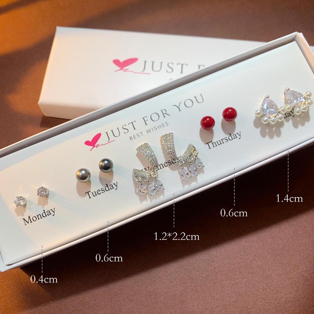 Weekly Earring Set: Flower Zircon Studs, Simple Ear Cuffs, Pearl Tassel French Earrings - 5 Pairs
