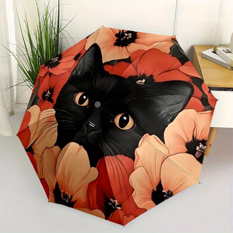 1 Stück Blumige Katze Automatisches Öffnungs-/Schließschirm mit Winddichtem, Funktionalem Design, Stabiles 8-Rippen-Dach