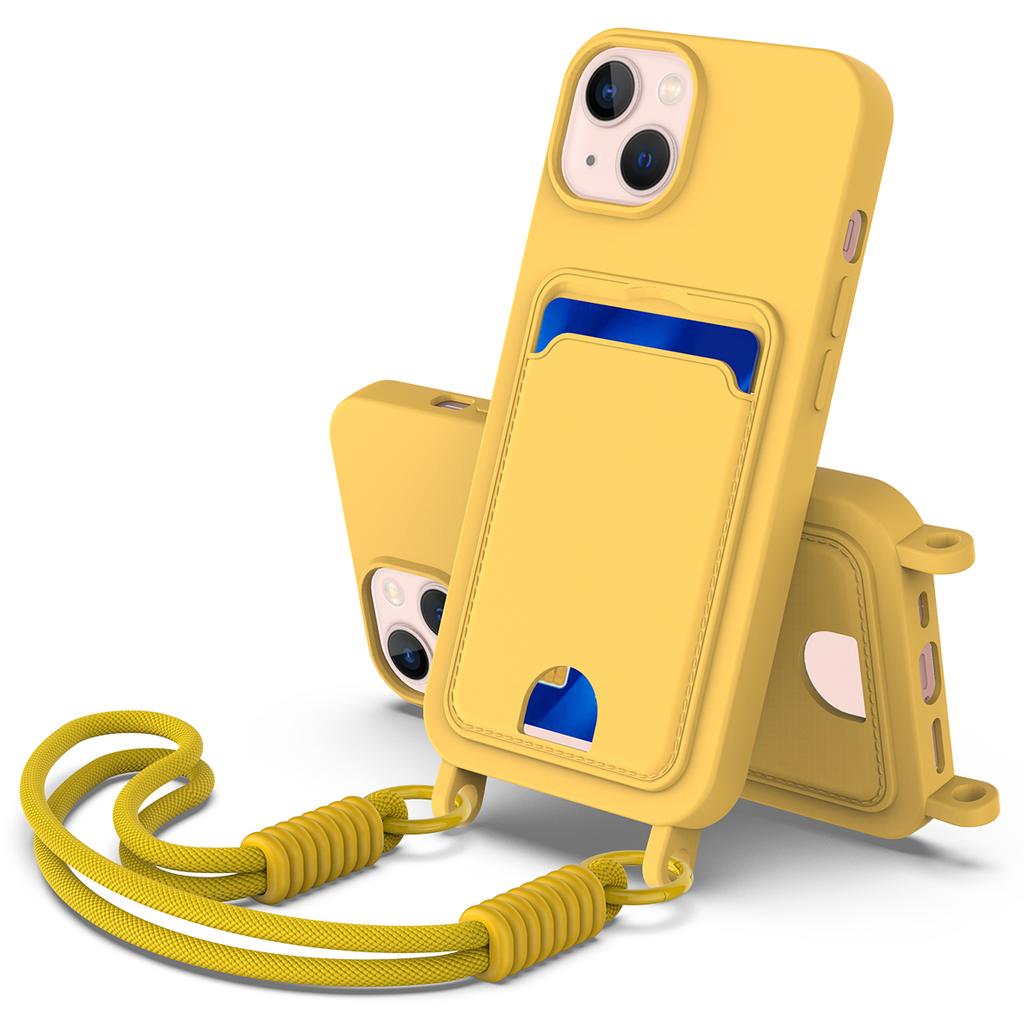 For iPhone 14 Plus/iPhone 15 Plus Liquid Silicone Case Phone Back Cover with Card Holder and Short Strap