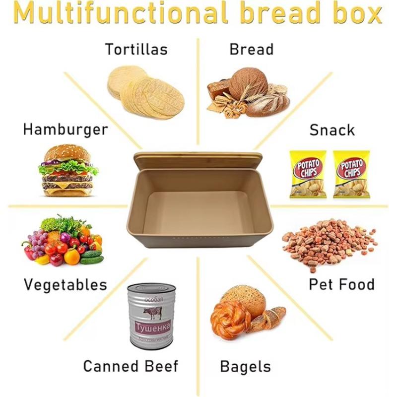 Einfache quadratische Metall-Brotbox, atmungsaktiver und frischhaltender Aufbewahrungsbehälter für die Küche, braune und rote Bambusdeckel-Brotaufbewahrungsbox.