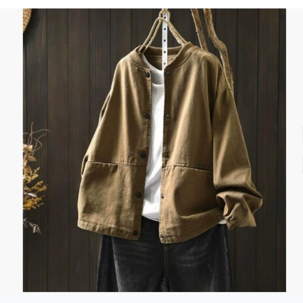 Autumn Cotton Baseball Collar Short Jacket Women's Loose and Thin Casual Double-pocket Jacket Cardigan Top