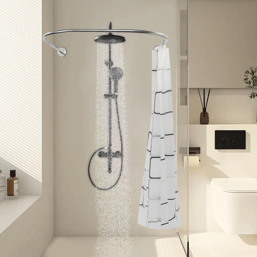 2.4m*1.8m Shower Curtain Rod Kit 0.9-1.3m Shower Curtain Rail U Shape W/ Curtain 80-130 Cm Shower Rail for Shower Curtain