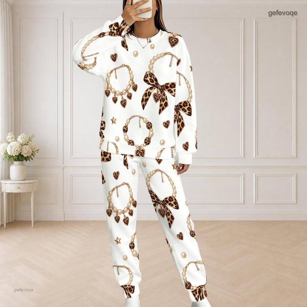 Women Plus Size Round Neck Long Sleeve Top And Pants Set Lipstick Leopard Printed Casual Outfit