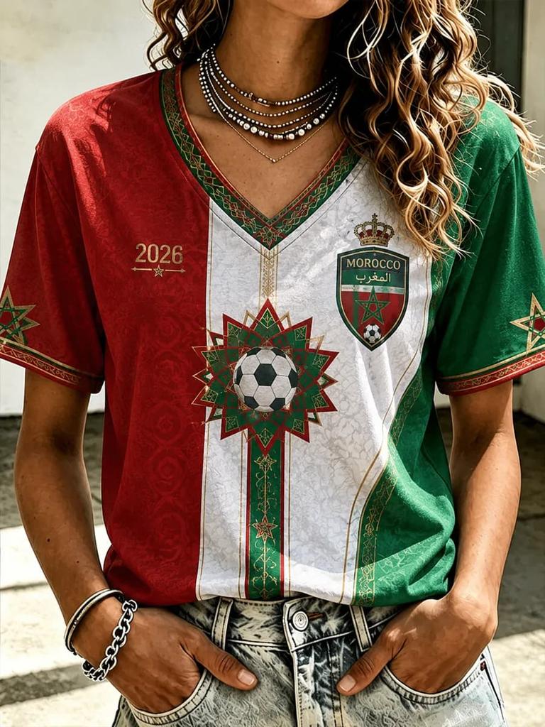 2026 Nové tričko s vlajkou marockého národního týmu Dámské sportovní oblečení s výstřihem do V s erbem "MOROCCO" a tradičním lemováním Neformální topy Dres