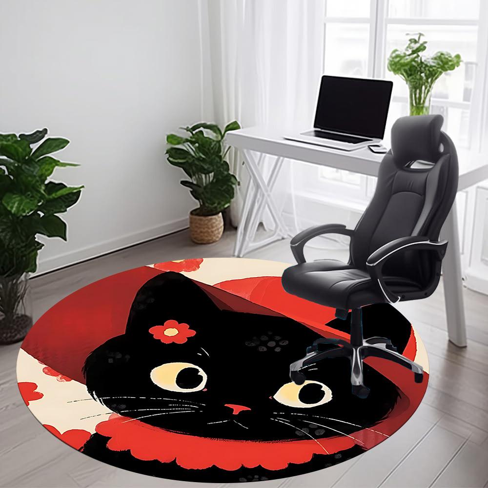 1PC Cat Floral Office Round Area Rug,  Mat Suitable ForOffice, Under Office Chairs Bedroom Living Room Home Decor, Room Deco
