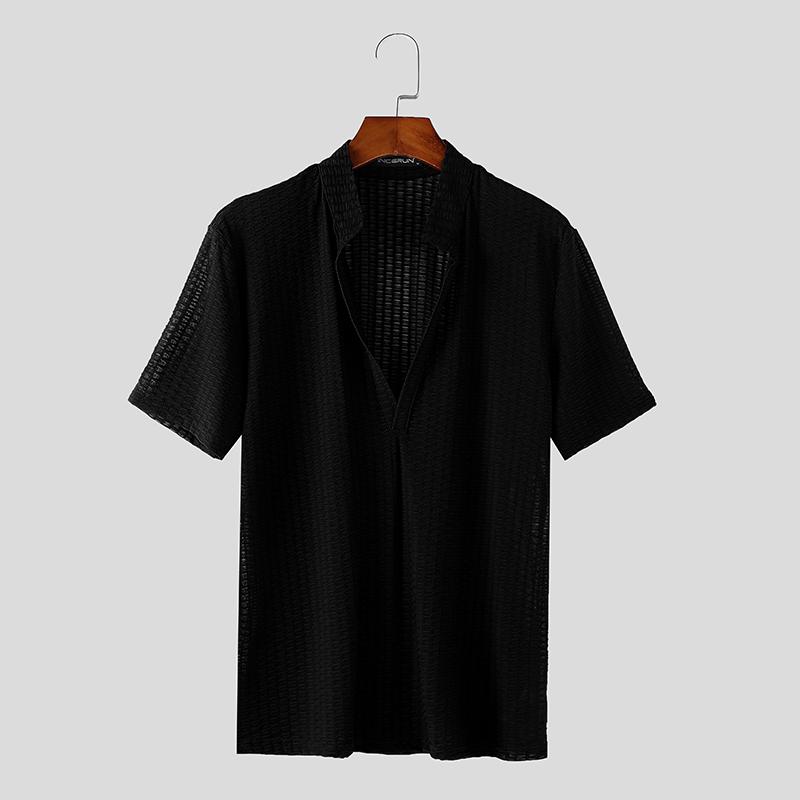 

INCERUN Summer Men Deep V Neck Short Sleeve Semi-Sheer Texture Tops Shirts 3XL чорний