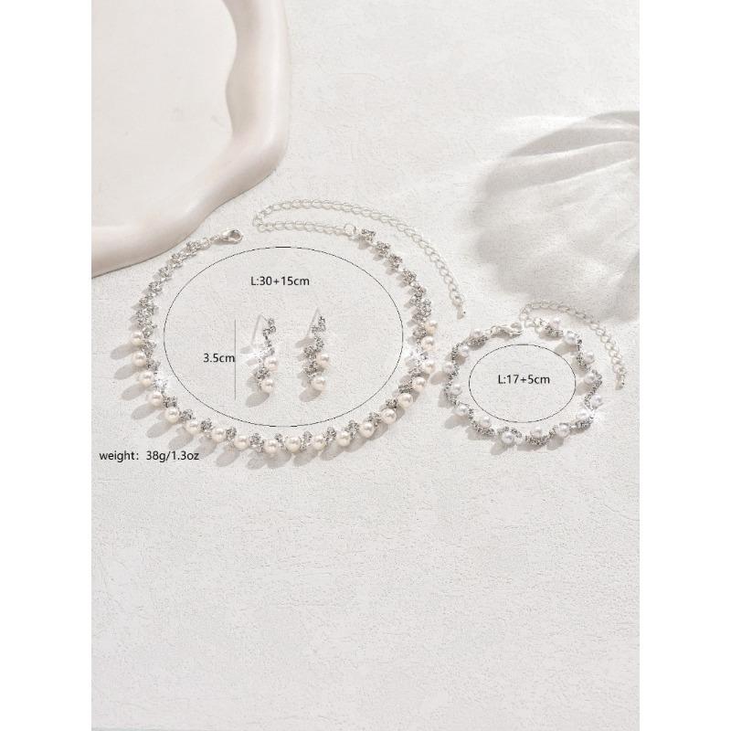 Super sparkling full diamond pearl necklace earrings suit bridal jewelry three-piece set