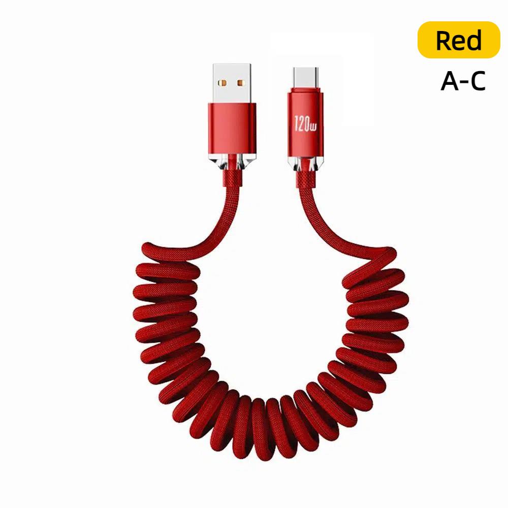 111W Car USB A to Type C Cable Spring Telescopic Fast Charging Cable USBC to C for iPhone 17 16 Samsung Xiaomi Huawei