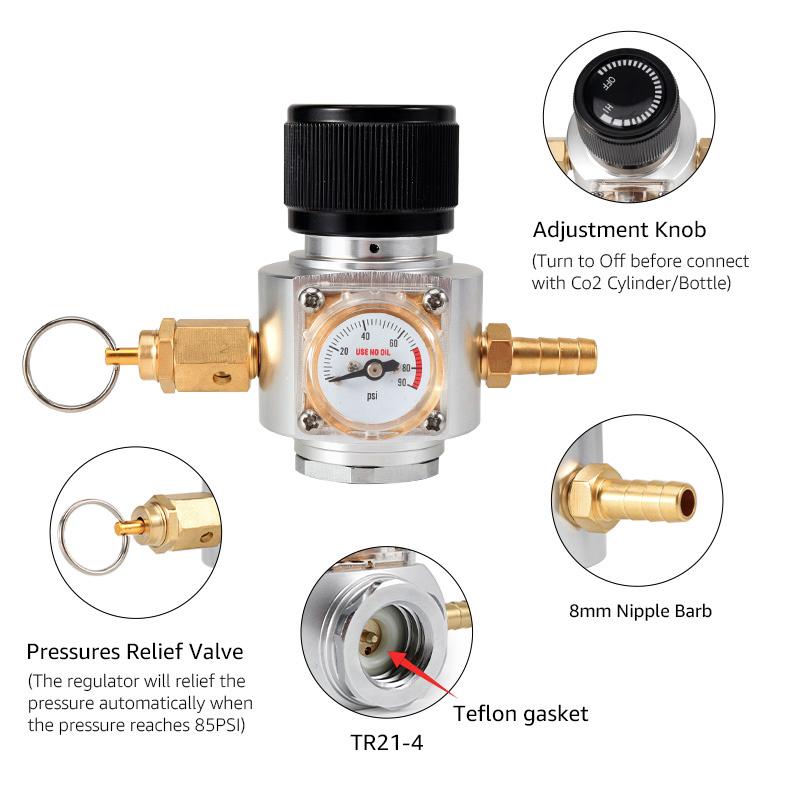 Soda Water Co2 Charger kit,0-90PSI Mini CO2 Gas Regulator with Release Valve, Directly connect with TR21*4 Soda Water Cylinder