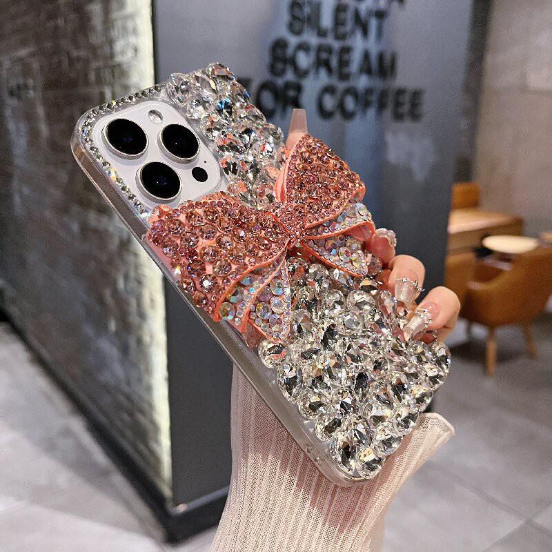 Luxury Full Rhinestone Phone Case With Bow IPhone 16/17 Pro Max Soft Silicone Bling Cover Women Anti-Drop Protection