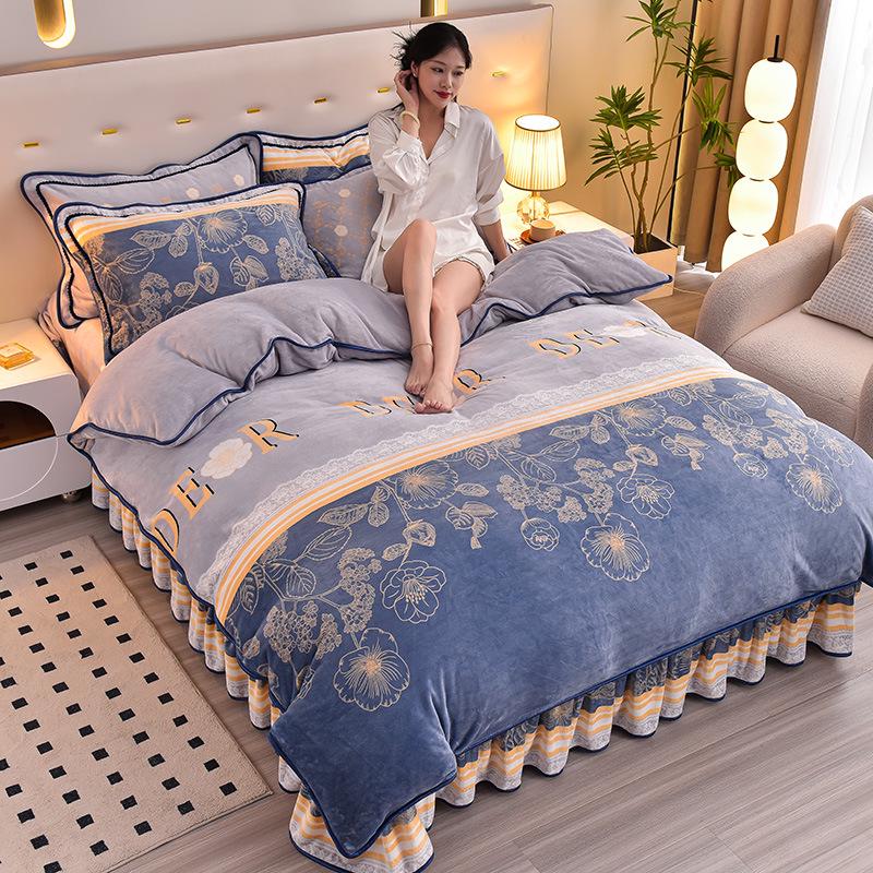 Cozy Flannel 230g Milk Velvet Printed Bed Set with Skirt - New Autumn/Winter Collection, Hot Seller