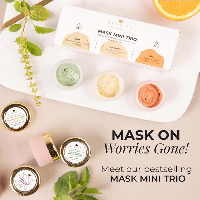 Nourish Mantra Mini Mask Trio Face Care Kit, Holy Basil & Neem Vardaan Mud Mask, Exo, Orange & Saffron Avanda Glow Mask (12g Each)