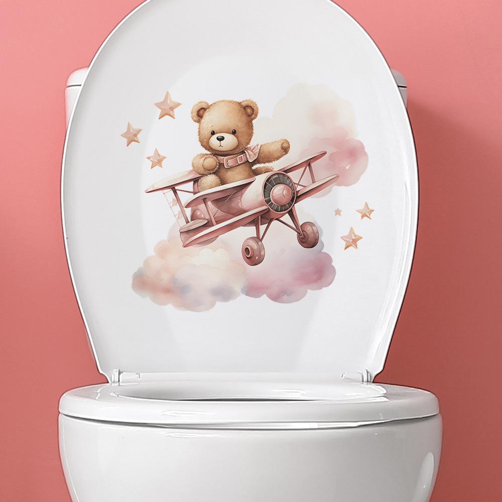Fun-m120 Cartoon Bear Open Airplane Toilet Stickers Bathroom Bathroom Beautification Wall Stickers Self-adhesive