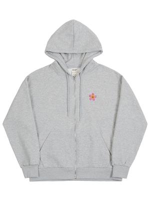 Graver [Unisex] Pembe Çiçek Gülümseme Nakışlı Fermuarlı Kapüşonlu Sweatshirt_Gri