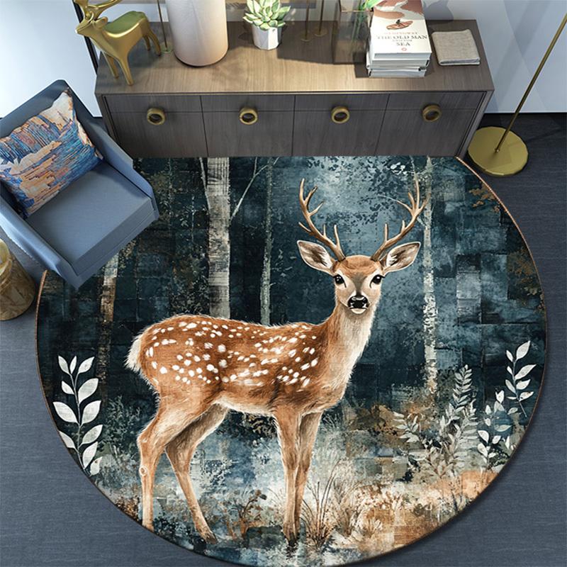 Elk Round Area Rug,Carpet Rug for Living Room Bedroom Sofa Playroom Decor,Non-slip Floor Mat