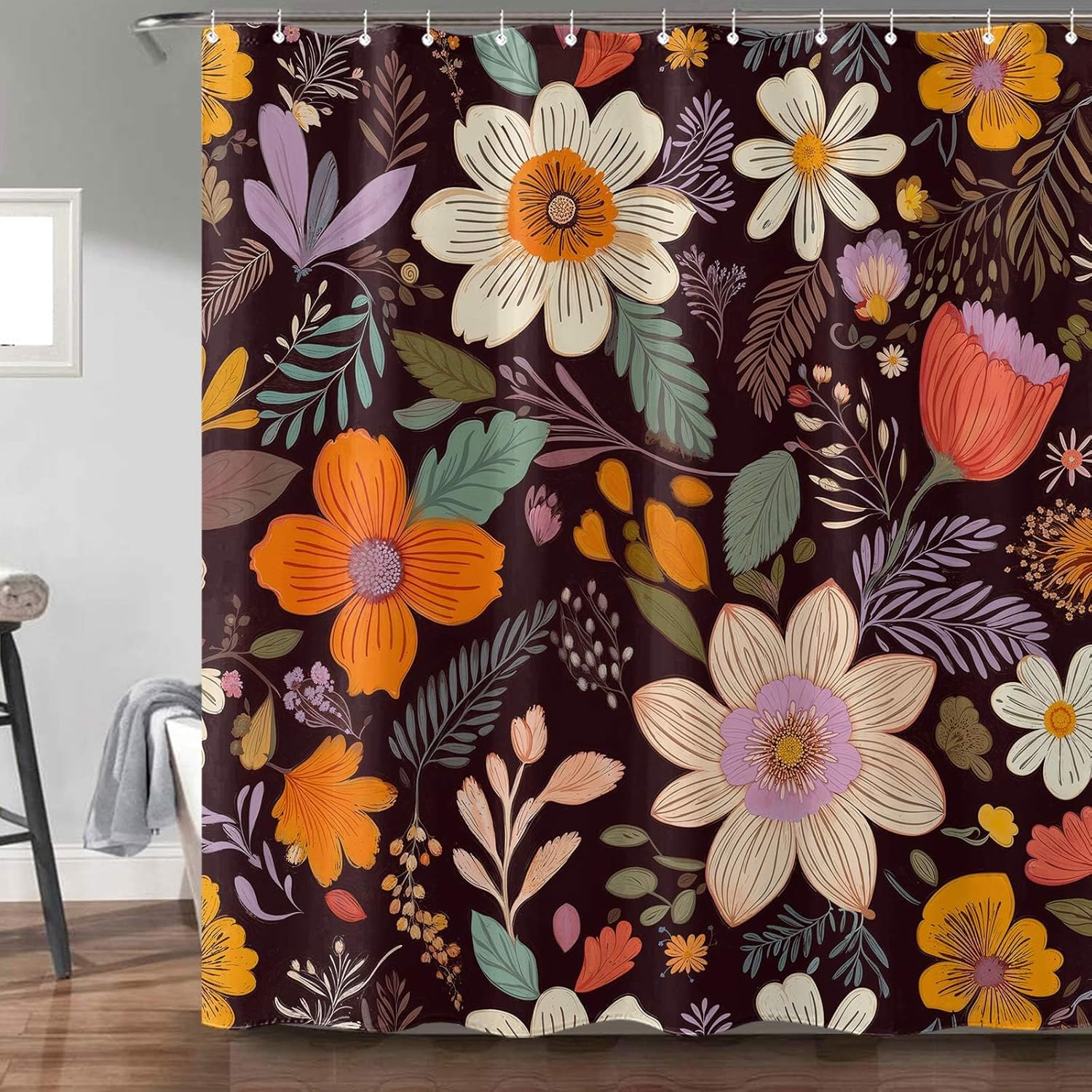

Boho Floral Shower Curtain Green Abstract Bohemian Flowers Botanical Leaf Bathroom Curtain Vintage Mid Century Modern Waterproof W60H190(CM)-1 Pcs