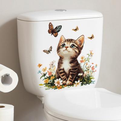 Toilet Sticker Waterproof PVC Cartoon Flower Cat Decorative Removable Lid Sticker Bright Color Toilet Art Decal