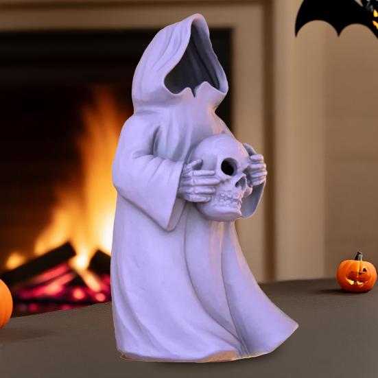 Halloween Wizard Ghost Figurine Gothic Grim Reaper Statue with LED Light Holiday Party Faceless Wizard Decoration Ornament