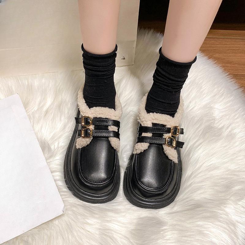 Loafers Women's Fall/Winter 2026 Warm Fleece First Layer Cowhide Women's Shoes Lamb Wool Low-Top Fashion Small Leather Shoes