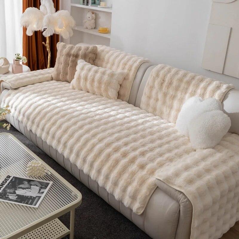 Thicken Rabbit Plush Sofa Cover Towel Solid Color Sofa Cushion Massage Anti Slip Multi-functional Suitable for Backrest Pillow