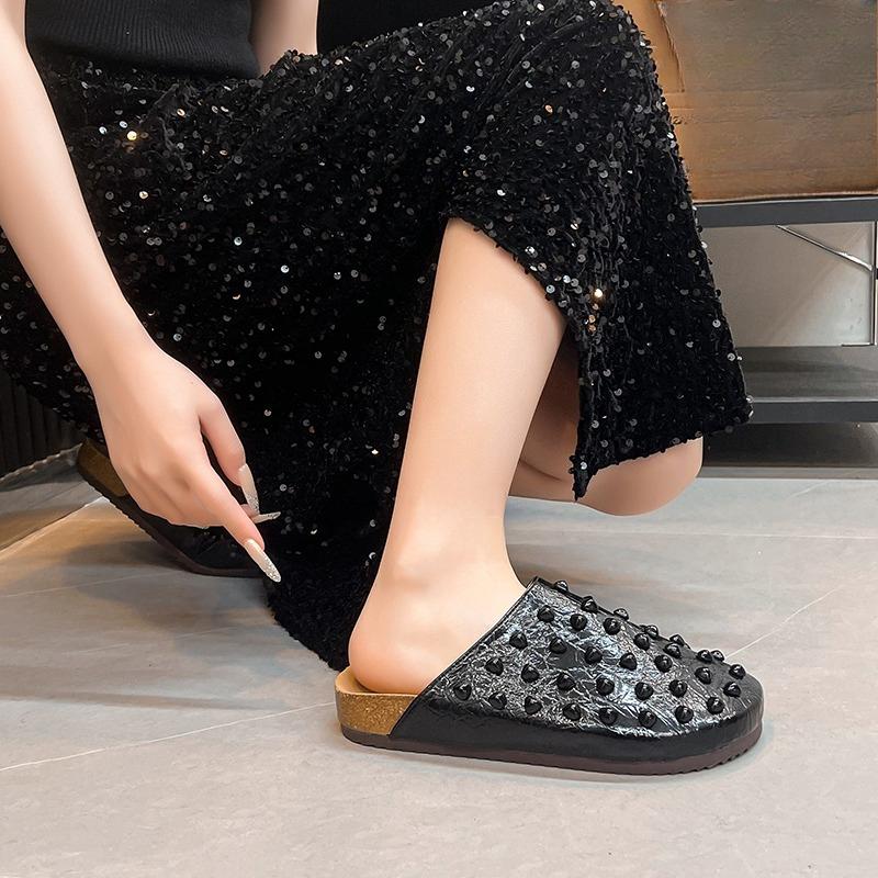 Fashion Low Heel Flat Bottom Baotou Breathable Slippers Women's Summer New Round Toe Shallow Rivet Lazy Slip-on Slip-on Shoes
