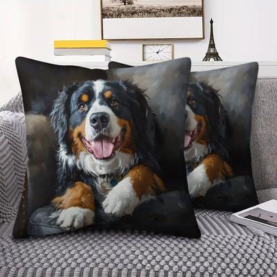 Modern Bernese Mountain Dog Pillow Cover With Realistic Berner Dog Face Design, Zipper Closure For Home, Office, Car Decor