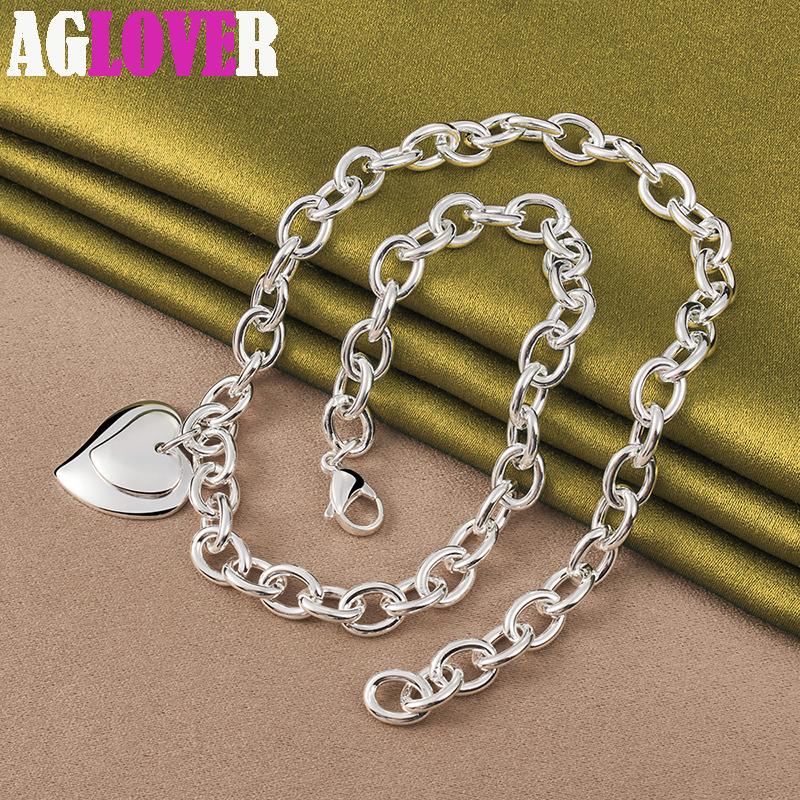 925 Sterling Silver Double Heart Pendant 18 Inch Chain Necklace Jewelry
